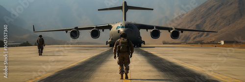 A soldier walks towards a massive airplane on a runway with mountains in the background, symbolizing power. photo