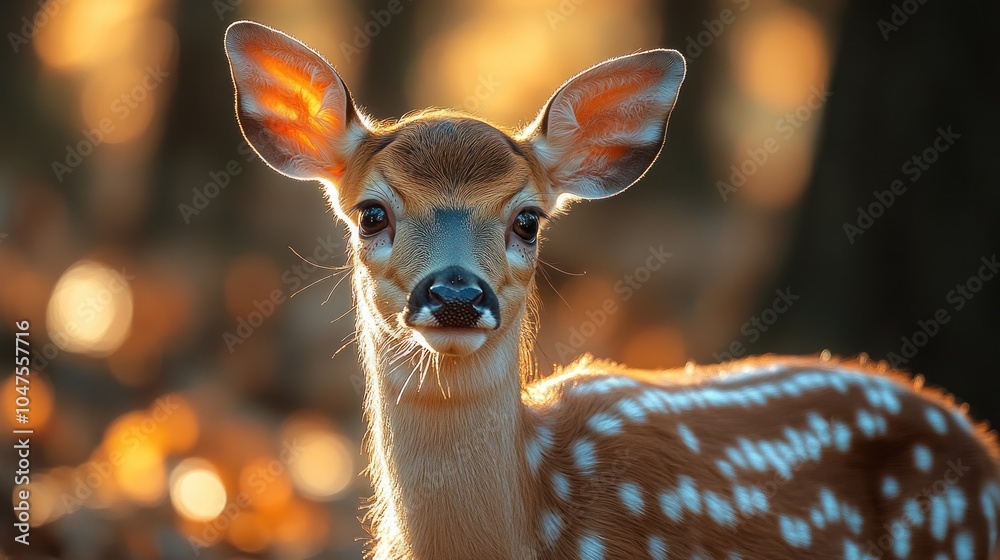 A young fawn with spotted fur looks directly at the camera with a curious expression. The background is blurred and filled with warm golden light. A young fawn with spotted fur looks directly at the camera with a curious expression. The background is blurred and filled with warm golden light.