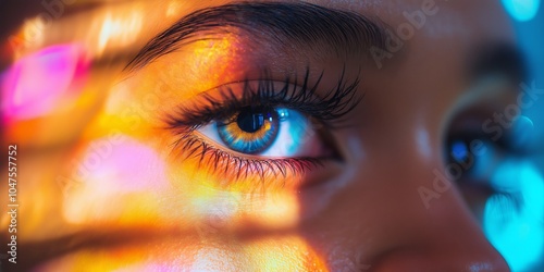 A close-up shot of a human eye surrounded by colorful reflections, symbolizing vision and perception dynamics.