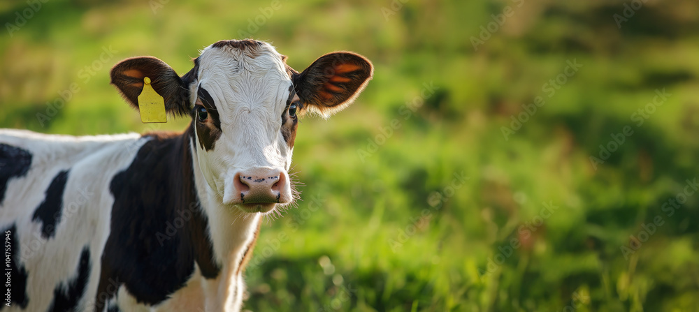 A curious young cow stands in a sunlit meadow, surrounded by greenery. A curious young cow stands in a sunlit meadow, surrounded by greenery.