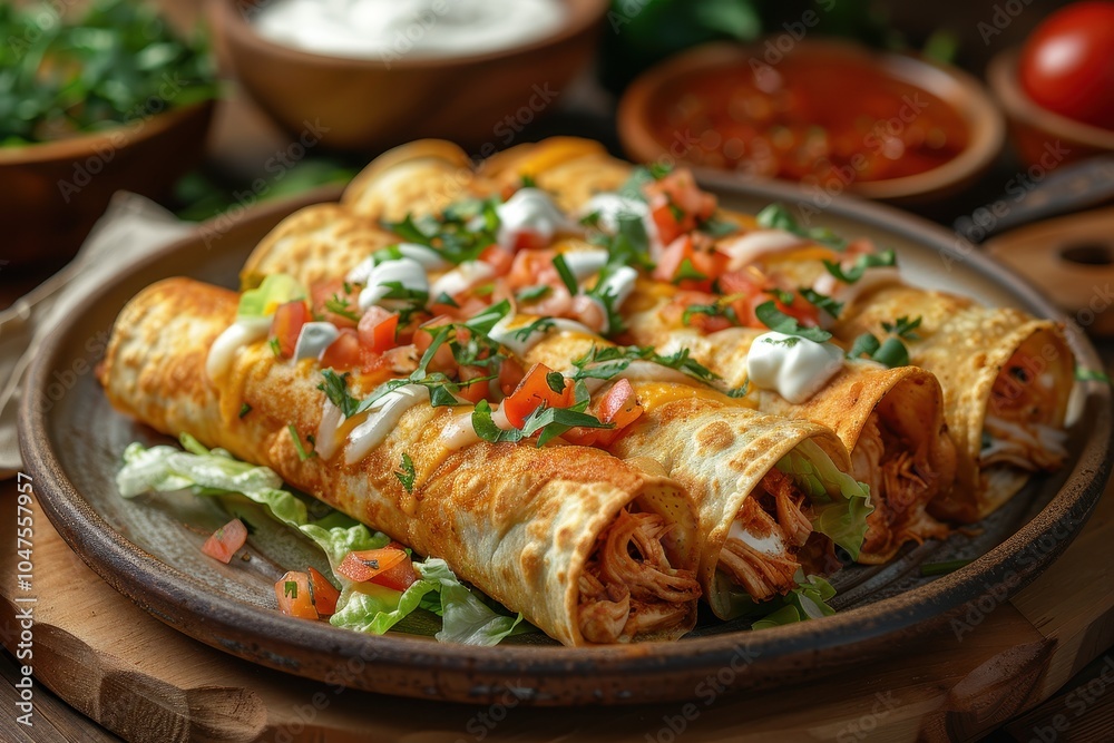 A plate of flautas, crispy rolled tortillas filled with shredded chicken, topped with lettuce, sour cream, queso fresco, and a drizzle of red sauce A plate of flautas, crispy rolled tortillas filled with shredded chicken, topped with lettuce, sour cream, queso fresco, and a drizzle of red sauce