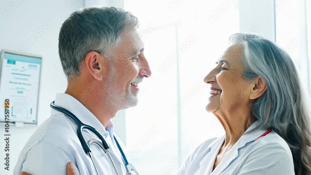 Elderly patient and doctor facing each other, smiling in a clinical setting. video Elderly patient and doctor facing each other, smiling in a clinical setting. video