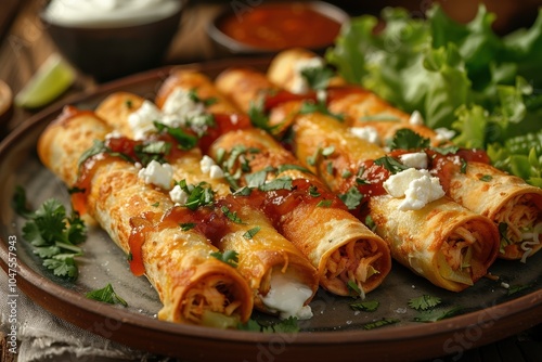 A plate of flautas, crispy rolled tortillas filled with shredded chicken, topped with lettuce, sour cream, queso fresco, and a drizzle of red sauce