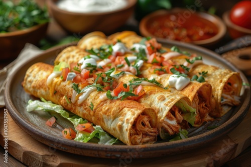 A plate of flautas, crispy rolled tortillas filled with shredded chicken, topped with lettuce, sour cream, queso fresco, and a drizzle of red sauce