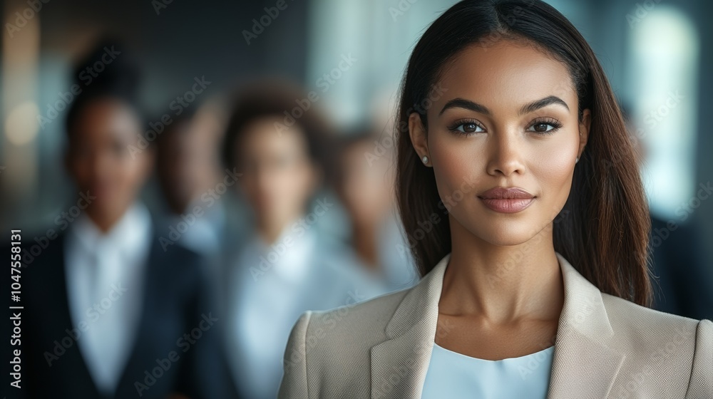 Obraz premium Confident Woman Leading a Business Team with Professionals in Blurred Background