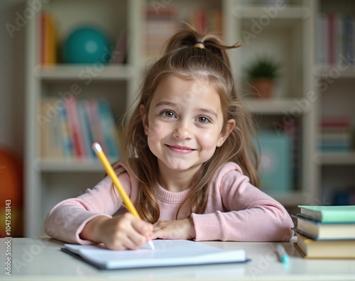 little girl smiling, writing with pencil in notebook on the desk, studying .