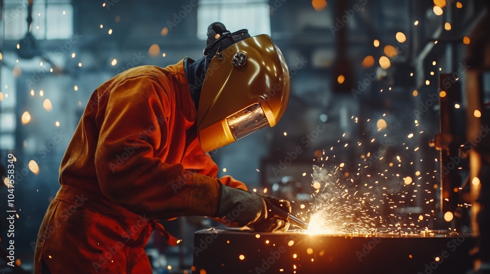 Experienced Welder in Workshop Wearing Protective Gear and Creating Sparks Experienced Welder in Workshop Wearing Protective Gear and Creating Sparks