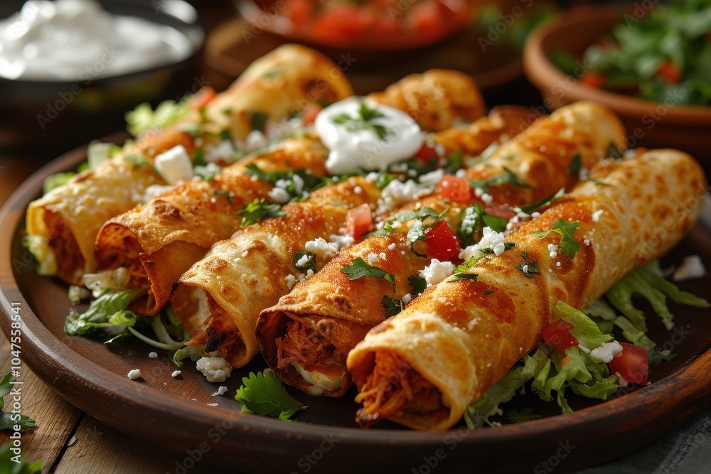 A plate of flautas, crispy rolled tortillas filled with shredded chicken, topped with lettuce, sour cream, queso fresco, and a drizzle of red sauce A plate of flautas, crispy rolled tortillas filled with shredded chicken, topped with lettuce, sour cream, queso fresco, and a drizzle of red sauce