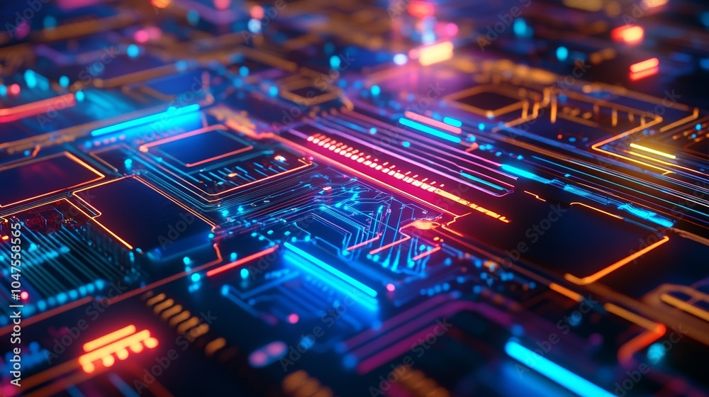 Exploring Abstract Electronic Circuits in a Vibrant Neon-Lit Image Representing Future Technology Exploring Abstract Electronic Circuits in a Vibrant Neon-Lit Image Representing Future Technology