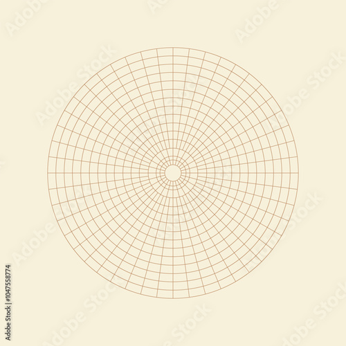 Polar coordinate circular grid isolated on white background. 360 degrees scale. Blank polar graph paper. Vector illustration. Mathematical graph. Lined blank on transparent background