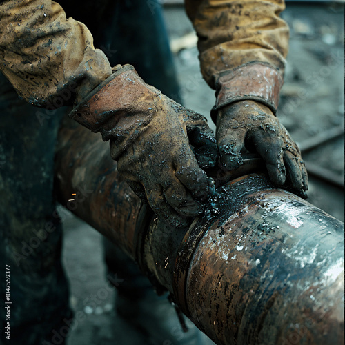 Hands Welding a Large Metal Pipe in an Industrial Setting with Sparks Flying, Heavy Gloves, and Blue-Orange Lighting photo