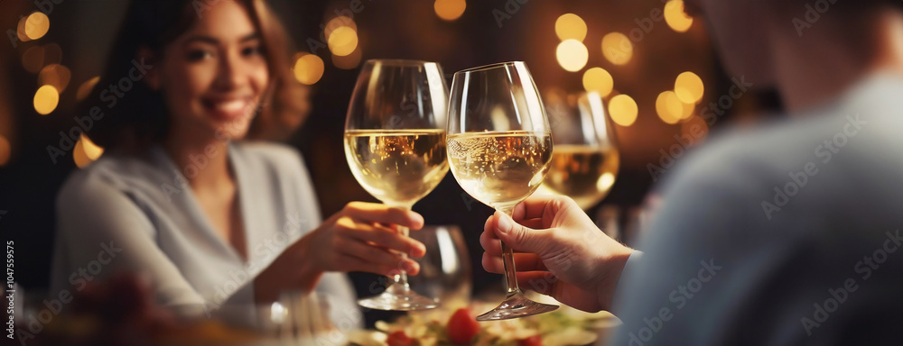 Two people toasting with white wine glasses in a cozy restaurant setting with soft lights in the background