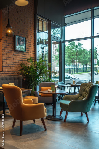 Empty modern cozy cafe interior. Nice cafeteria with tables and armchairs in the morning