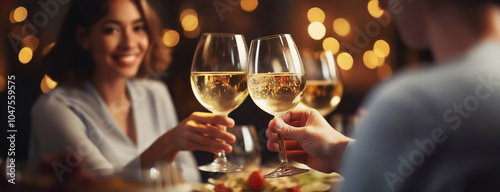 Obraz na płótnie Two people toasting with white wine glasses in a cozy restaurant setting with soft lights in the background w salonie