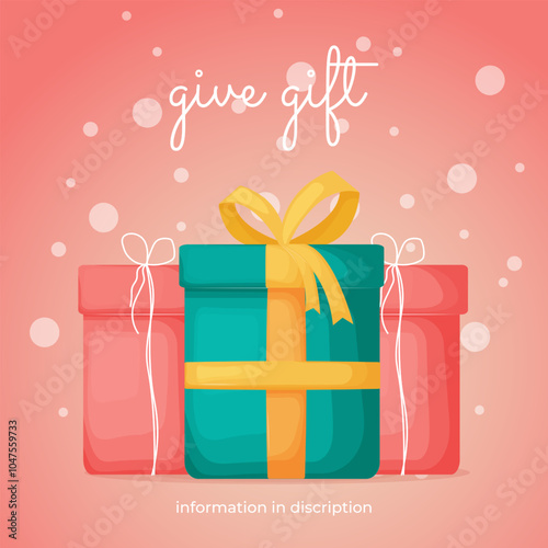 Greeting card with wrapped presents depicted. Vector illustration of a card with beautifully decorated presents and a greeting inscription on a pink and white background.