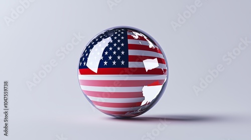 Fototapeta Naklejka Na Ścianę i Meble -  A digital rendering of the American continent with a reflective surface, mirroring the American flag behind it for a dynamic, modern effect.