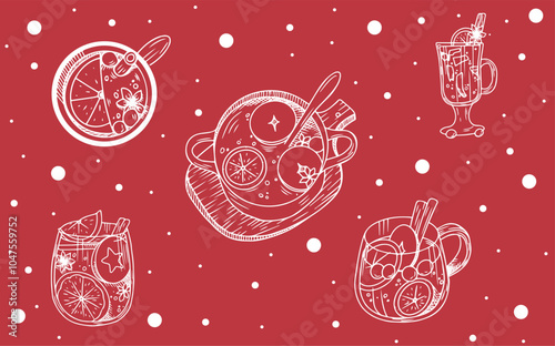 A set of Christmas alcoholic drinks consisting of mulled wine, apple cider and glögg in a hand-made style. The design of the set includes mulled wine, apple cider and glögg in various glassware.