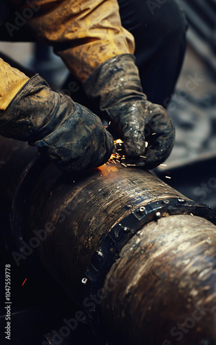 Hands Welding a Large Metal Pipe in an Industrial Setting with Sparks Flying, Heavy Gloves, and Blue-Orange Lighting photo