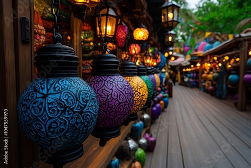 A magical fantasy market with glowing lanterns, enchanted items for sale, and mystical creatures browsing the stalls, symbolizing the wonder and excitement of a marketplace in a fantasy world photo