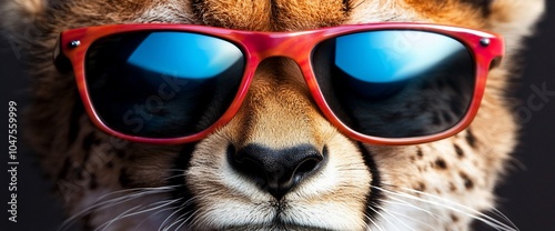 Cheetah wearing red sunglasses close-up.