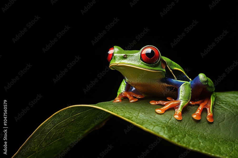 Fototapeta premium A green frog with red eyes is sitting on a leaf