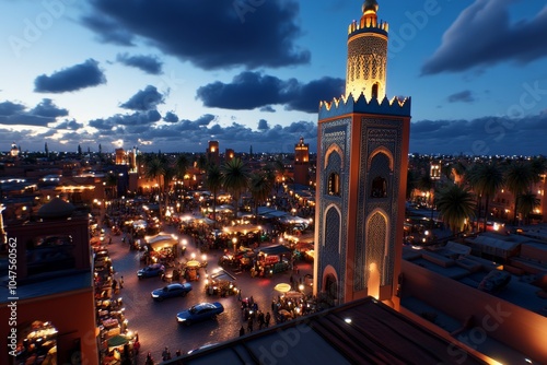 A market in Marrakech during the evening, with lanterns glowing, incense burning, and people browsing stalls selling intricate carpets and pottery, capturing the mystical charm of Moroccan night