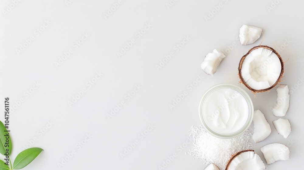 Glass jar of creamy coconut jelly with coconut halves and shredded coconut on a white background, providing copy space for dairy-free themes, tropical food visuals, or health-focused marketing.
Glass jar of creamy coconut jelly with coconut halves and shredded coconut on a white background, providing copy space for dairy-free themes, tropical food visuals, or health-focused marketing.