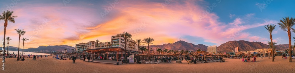 Fototapeta premium Eilat Sunset Beach: Resort City Centre with Building, Beach Activities, and Scenic Mountain Views
