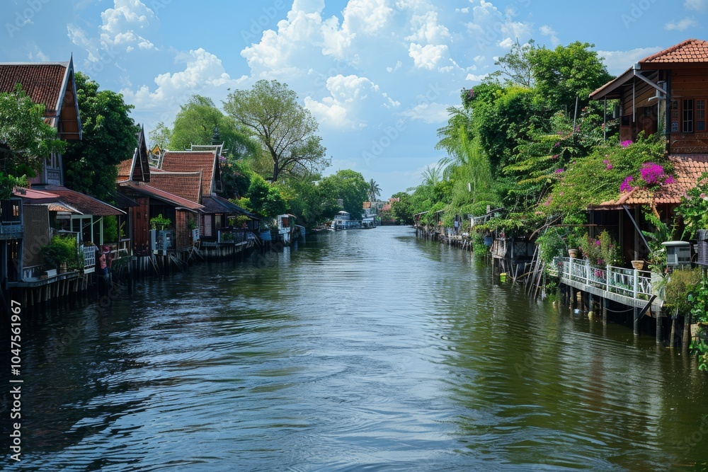 Traditional Riverside Houses in Thailand Along Canal Traditional Riverside Houses in Thailand Along Canal