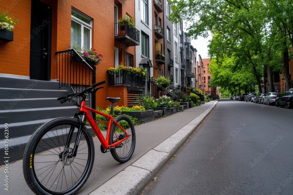 A quiet residential street in an urban neighborhood, with small townhouses, bikes parked outside, and flower boxes on windowsills, capturing the charm and coziness of city living A quiet residential street in an urban neighborhood, with small townhouses, bikes parked outside, and flower boxes on windowsills, capturing the charm and coziness of city living