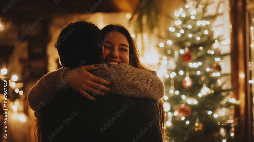 A man and a woman hug each other in front of a Christmas tree A man and a woman hug each other in front of a Christmas tree