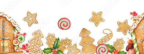 Horizontal seamless pattern with watetcolor gingerbread coockies, sweets and Christmas decorative elements