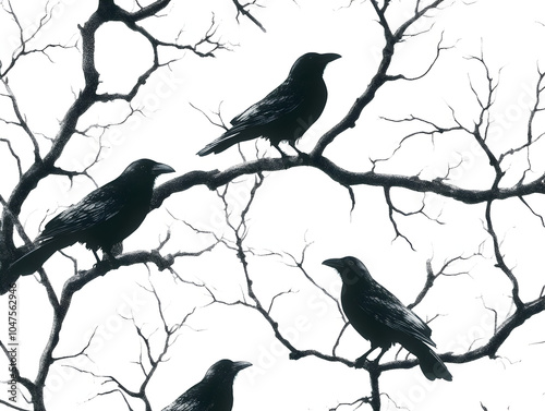 Silhouetted Crows Perching on Branches in a Moody Autumn Landscape