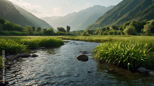 Evocative mountain valley landscape with a flowing river. 16:9 ratio. Use for travel marketing, meditation visuals, or digital art. Created in Leonardo AI. photo