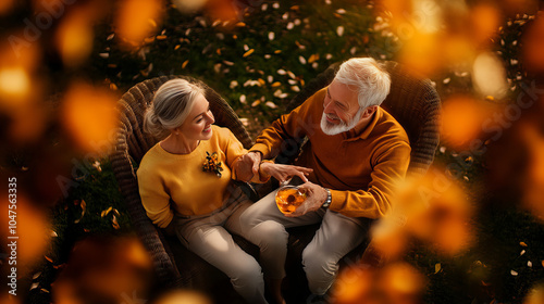 Banner focusing elderly couple smiling holding hands in autumn garden with diffuse golden light and floating leaves around photo