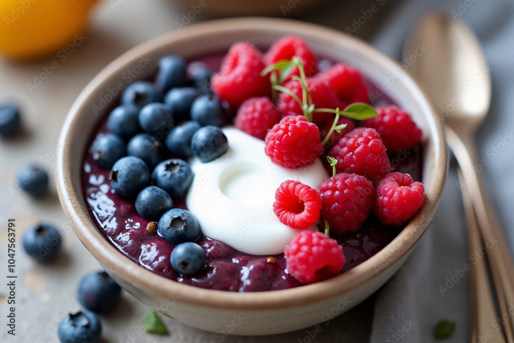 blueberries raspberries topped acai yogurt healthy breakfast bowl made natural ingredients