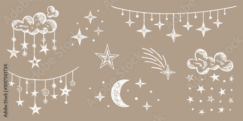 Realistic Chalk Drawn Sketch. Set of Design Elements Stars, Moon, Meteorite, Clouds, Threads, Beads, Isolated on Craft Paper.