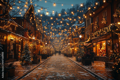 A town square decorated with holiday lights for MikoÅ‚ajki, representing the public celebration of the holiday season. Concept of public holiday displays.