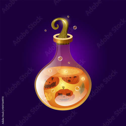 Realistic magical Halloween potion with floating pumpkins and Autumn leaves. Liquid potion or elixir on blue background