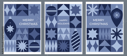 Set of Christmas greeting cards with geometric elements and christmas decoration in blue colors. Flat style. Template for winter holidays design. Vector illustration