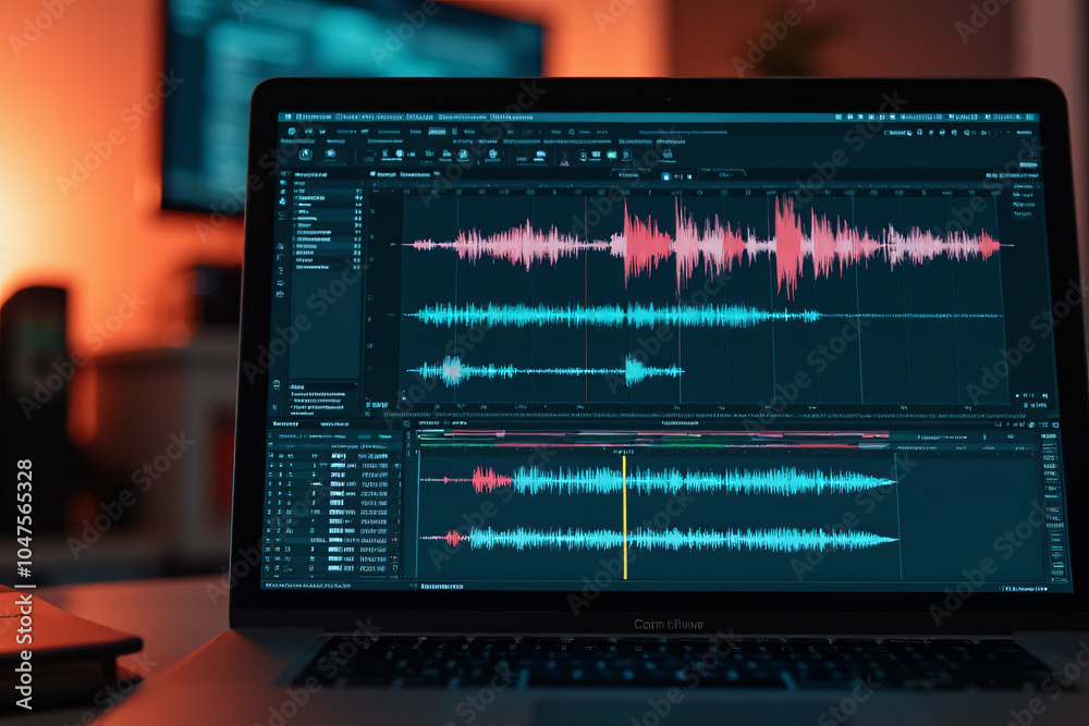 creator works edits audio files laptop waveforms creator works edits audio files laptop waveforms