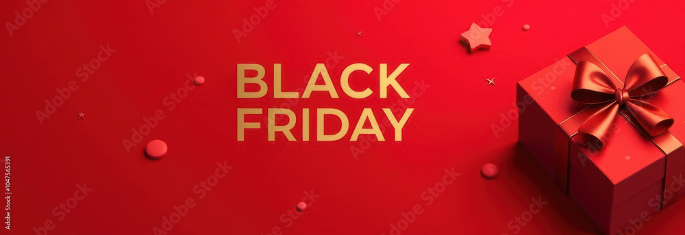 Naklejka premium Minimalist Black Friday Ad – Gold Black Friday Text on red Background