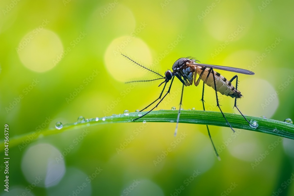 A close-up view of a mosquito perched on a dewy blade of grass. Nature shows its tiny creatures. A delicate moment captured in vibrant greens and blues. Generative AI A close-up view of a mosquito perched on a dewy blade of grass. Nature shows its tiny creatures. A delicate moment captured in vibrant greens and blues. Generative AI