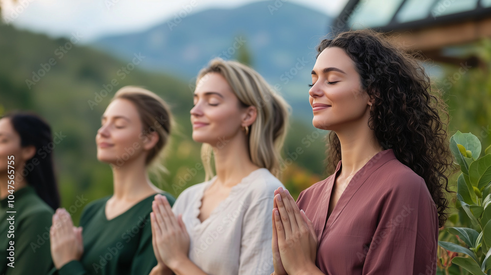 Serene Women Practicing Mindfulness at Wellness Retreat Serene Women Practicing Mindfulness at Wellness Retreat