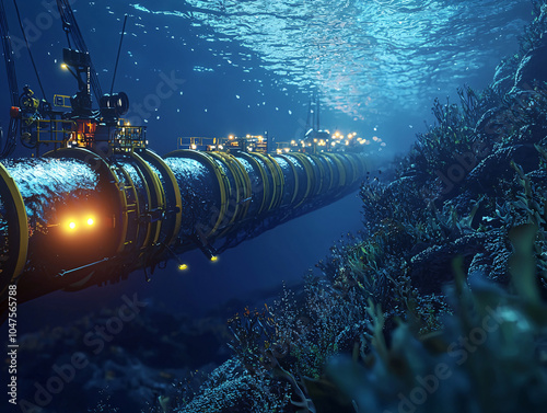 Underwater Pipelines for Oil and Gas Transport Across the Ocean Floor with Complex Metallic Structures and Industrial Engineering in Deep Sea Environment photo