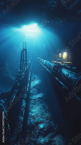 Underwater Pipelines for Oil and Gas Transport Across the Ocean Floor with Complex Metallic Structures and Industrial Engineering in Deep Sea Environment photo