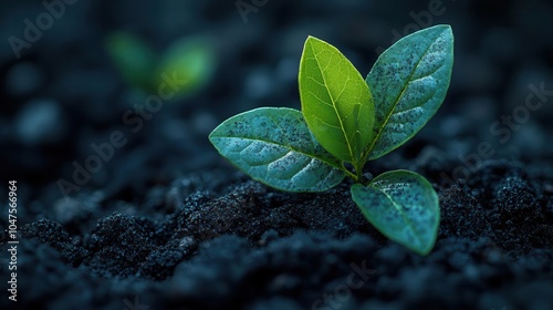close-up of rich, dark organic biochar soil, showcasing its fascinating texture, fertility, and healthiness, with vibrant green plants emerging, symbolizing sustainability and the earth's vitality