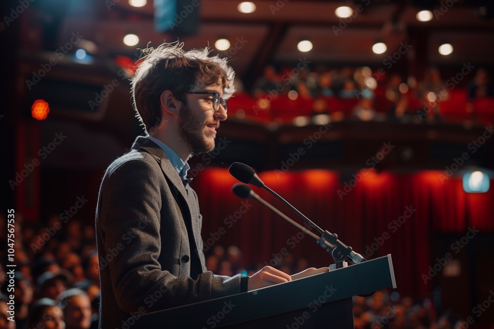 Obraz premium A young man speaks passionately from a podium while an audience listens intently