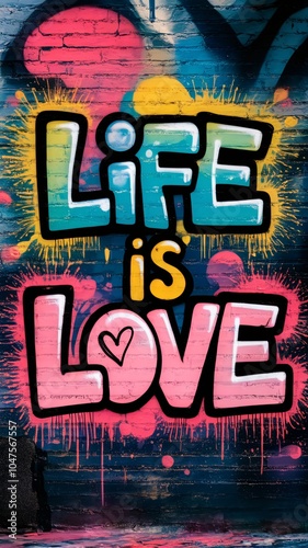 Colorful Graffiti Mural with 'Life is Love' Message on Urban Brick Wall