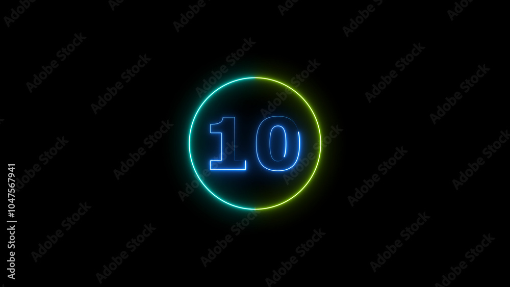 Abstract glowing neon light countdown timer royal blue 4k illustration. countdown icon ten on black background. Abstract glowing neon light countdown timer royal blue 4k illustration. countdown icon ten on black background.
